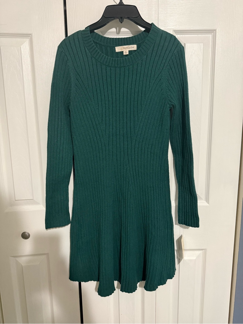 Rewind Green Ribbed Long-Sleeve Swing Dress